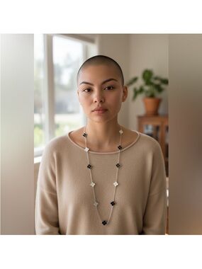 Long Black and White Clover Pendant Necklace